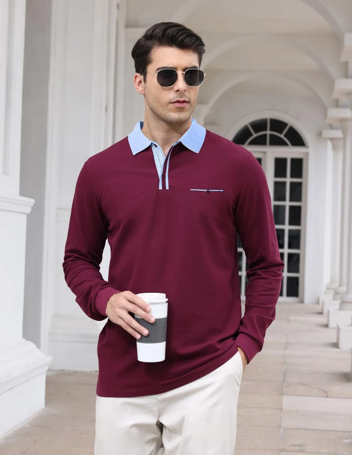 LIUPMWE Men's Shirt Long Sleeve Polo Shirt for Men Basic Slim Fit Long Sleeve Polo Men's Shirts with Pocket Golf Shirts