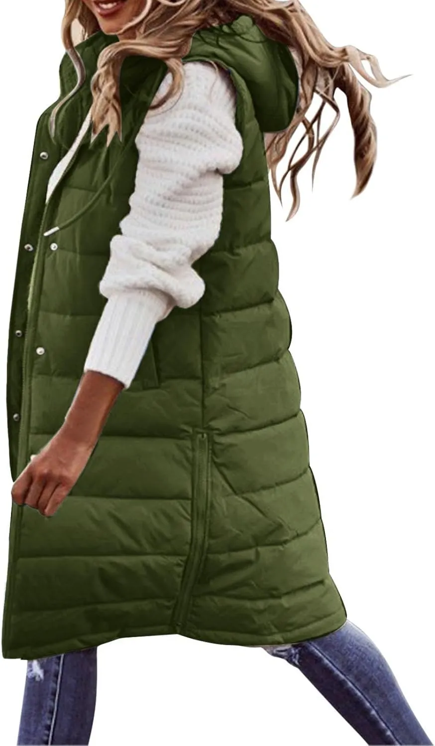 Long Puffer Vest Women 2025 Zipper Sleeveless Quilted Vests Hooded Mid-length Outwear with Pockets