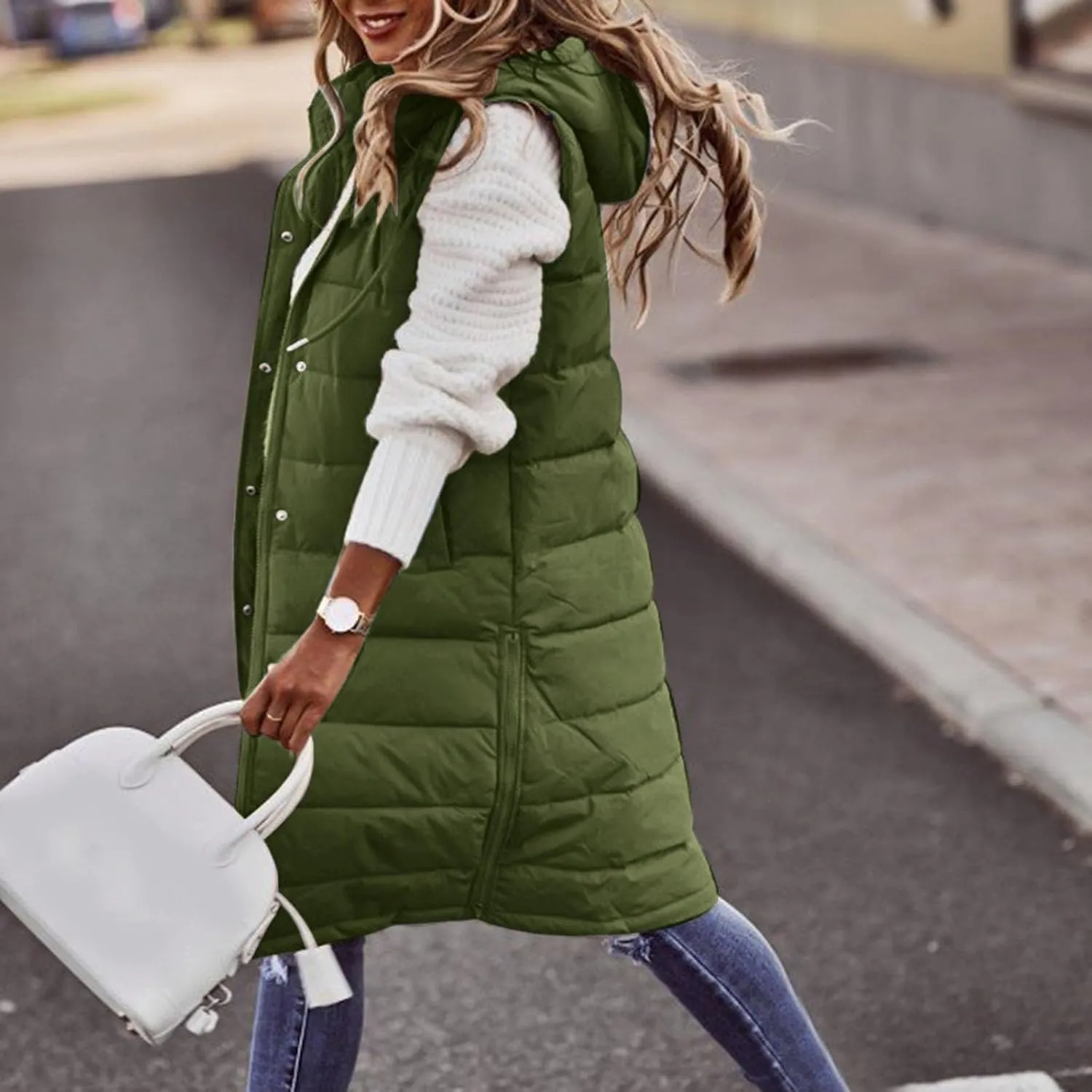 Long Puffer Vest Women 2025 Zipper Sleeveless Quilted Vests Hooded Mid-length Outwear with Pockets