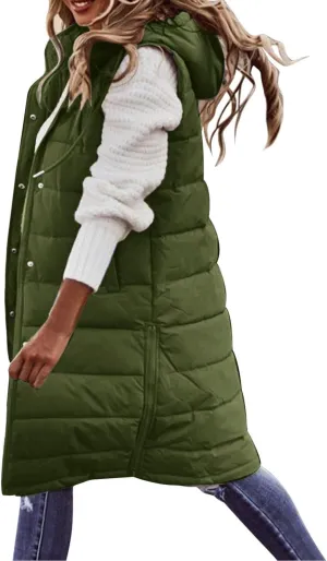 Long Puffer Vest Women 2025 Zipper Sleeveless Quilted Vests Hooded Mid-length Outwear with Pockets