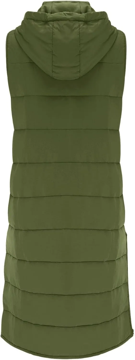 Long Puffer Vest Women 2025 Zipper Sleeveless Quilted Vests Hooded Mid-length Outwear with Pockets