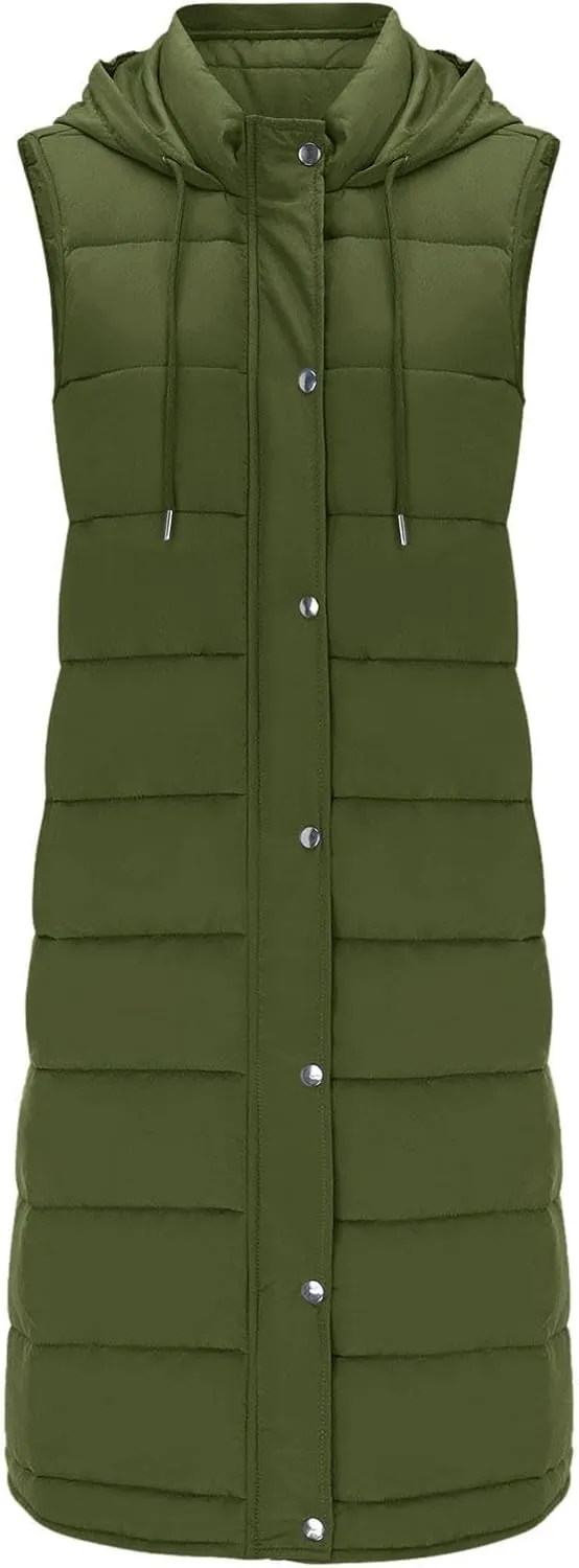 Long Puffer Vest Women 2025 Zipper Sleeveless Quilted Vests Hooded Mid-length Outwear with Pockets