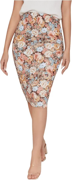 MakeMeChic Women's Floral Print Pencil Skirt High Waisted Bodycon Skinny Fit Summer Midi Skirts