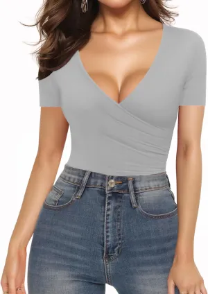 MANGOPOP Women's Cross Wrap Ruched Plunge Sexy Deep V Neck Slim Fit Long Short Sleeve T Shirt Tunic Tops Tee