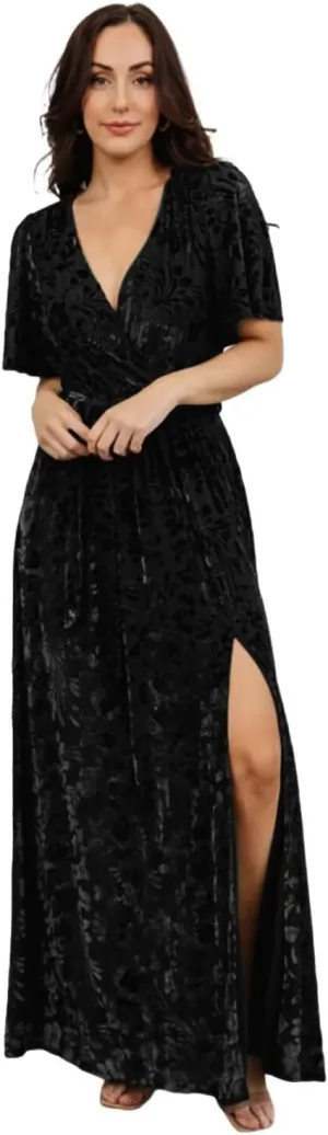 Maxianever Velvet Maxi Dresses for Women Floral Short Sleeve V Neck Long Wedding Guest Gown with Slit