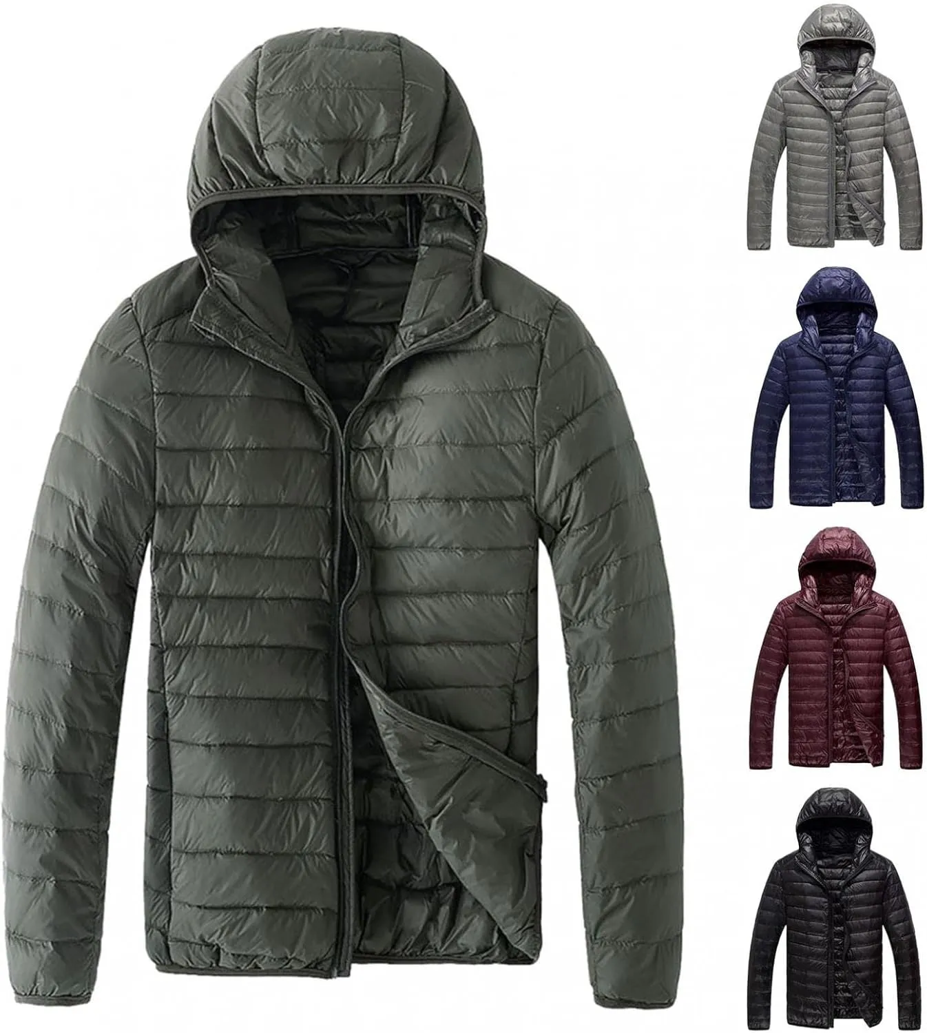 Men Puffer Jacket with Hood Ultra Lightweight Packable Quilted Hooded Bubble Down Jackets Winter Insulated Thick Outwear