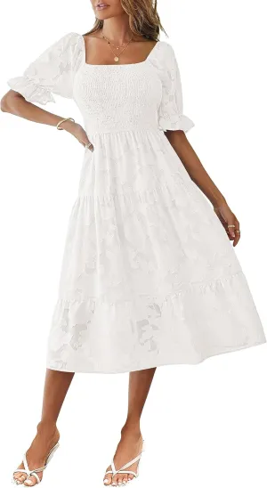 MEROKEETY Womens 2025 Summer Short Puff Sleeve Smocked Square Neck Floral Textured Tiered Midi Dress