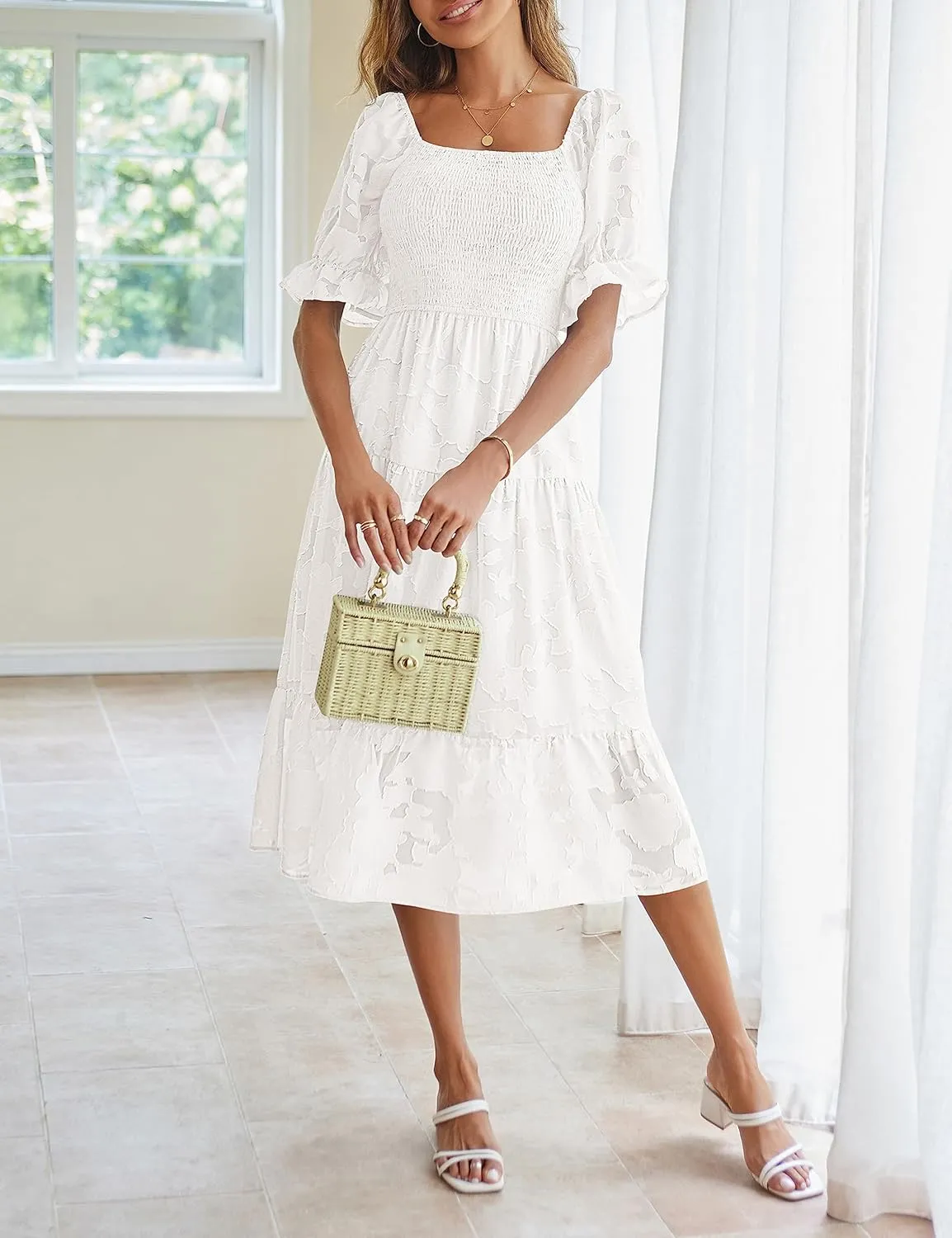 MEROKEETY Womens 2025 Summer Short Puff Sleeve Smocked Square Neck Floral Textured Tiered Midi Dress