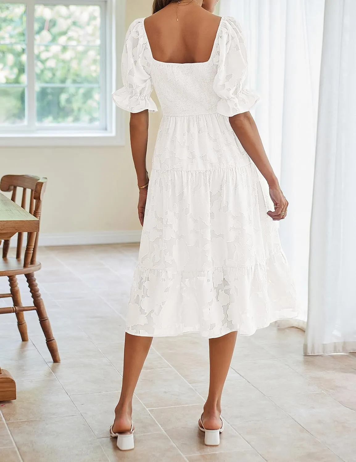 MEROKEETY Womens 2025 Summer Short Puff Sleeve Smocked Square Neck Floral Textured Tiered Midi Dress