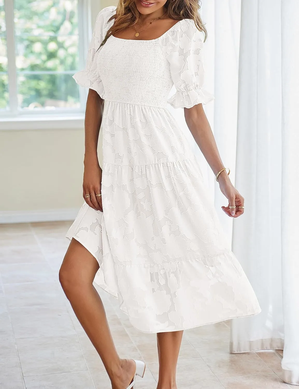MEROKEETY Womens 2025 Summer Short Puff Sleeve Smocked Square Neck Floral Textured Tiered Midi Dress