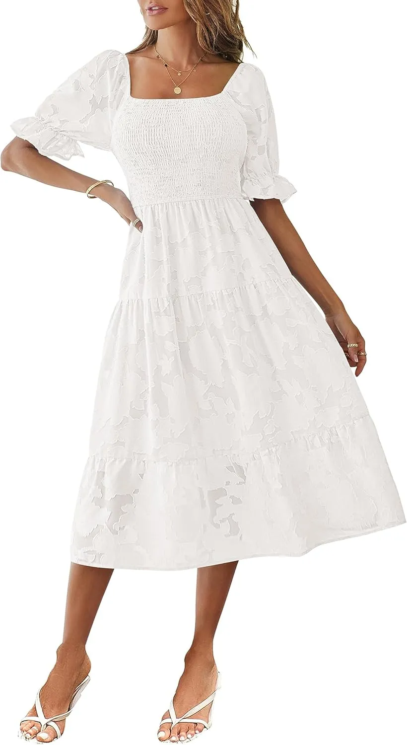 MEROKEETY Womens 2025 Summer Short Puff Sleeve Smocked Square Neck Floral Textured Tiered Midi Dress