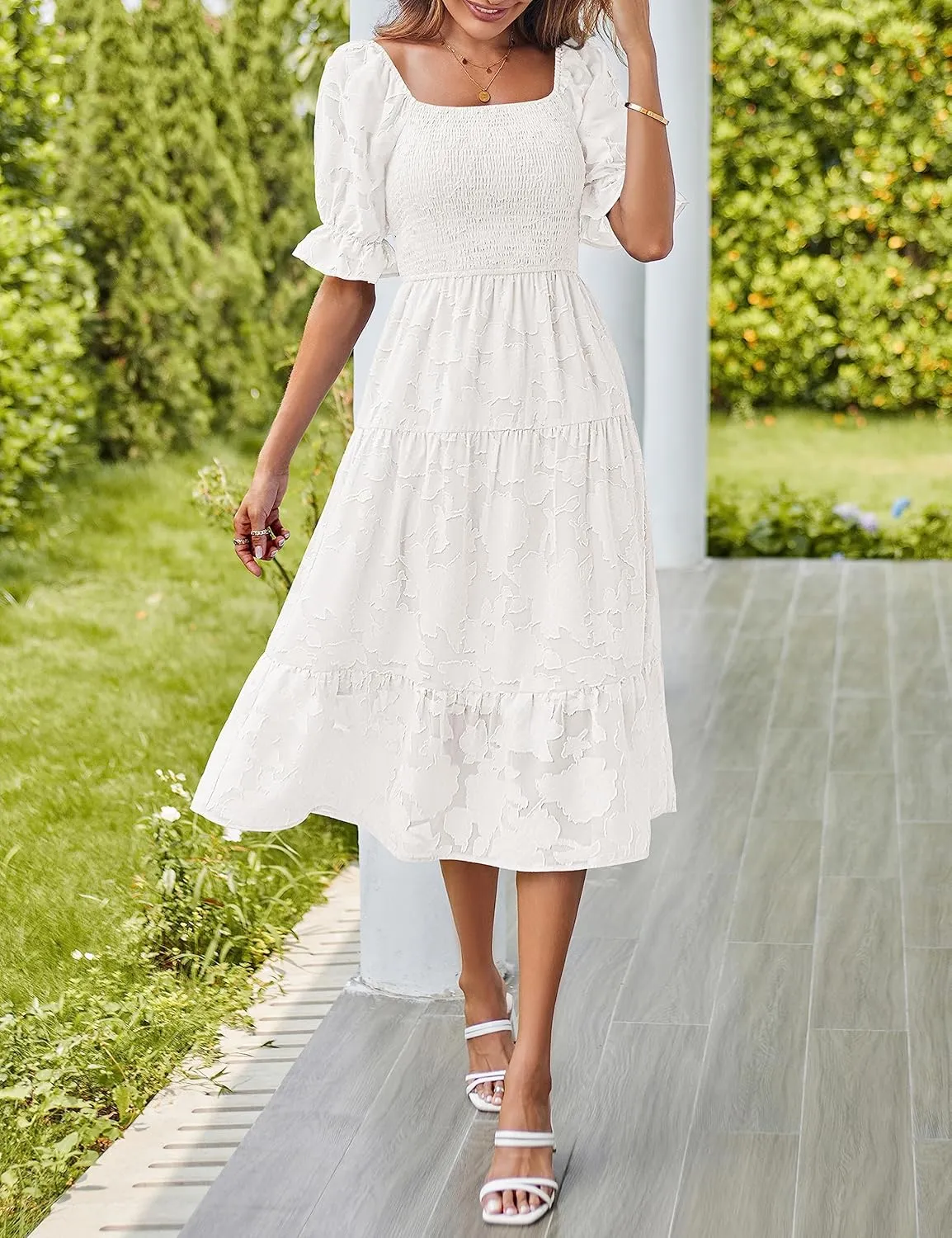 MEROKEETY Womens 2025 Summer Short Puff Sleeve Smocked Square Neck Floral Textured Tiered Midi Dress