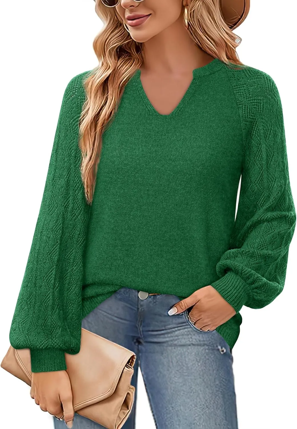 Messic Womens Pullover Sweaters 2024 Casual Long Sleeve V Neck Loose Knit Tops
