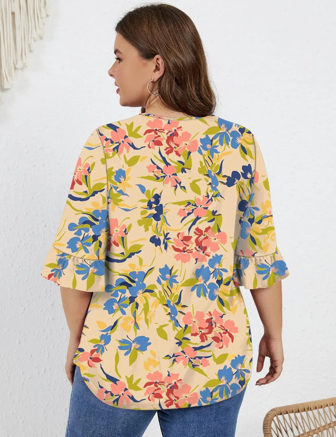 Micoson Womens Plus Size Tops 3/4 Ruffle Sleeve Shirt Casual V Neck Pleated T Shirt Loose Fit Tunic Blouse(1X-5X)
