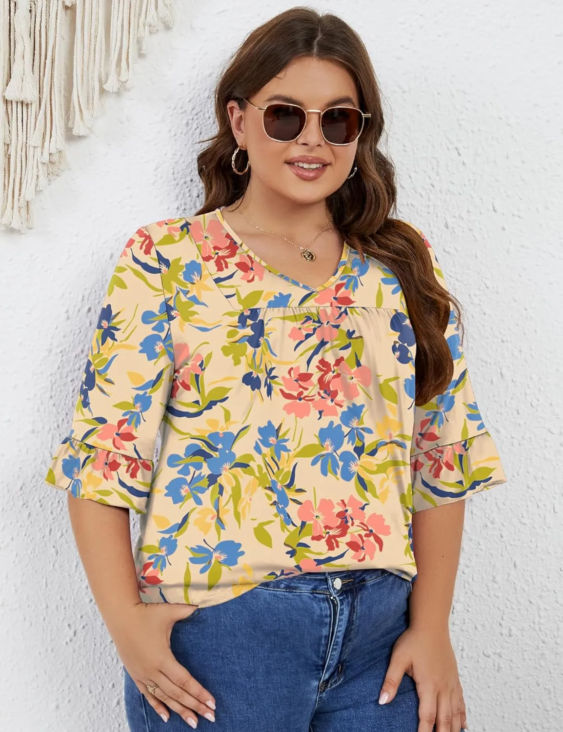 Micoson Womens Plus Size Tops 3/4 Ruffle Sleeve Shirt Casual V Neck Pleated T Shirt Loose Fit Tunic Blouse(1X-5X)
