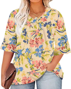 Micoson Womens Plus Size Tops 3/4 Ruffle Sleeve Shirt Casual V Neck Pleated T Shirt Loose Fit Tunic Blouse(1X-5X)