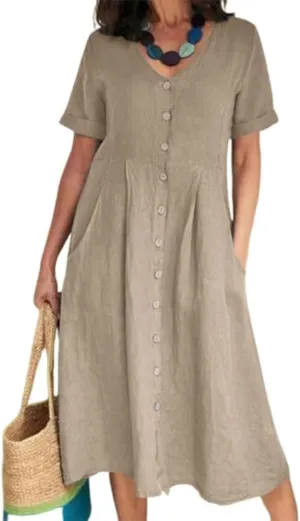 Mywinway Linen Dresses for Women Spring Summer Button Down V Neck Rolled Short Sleeve Trendy Cute Maxi Shirt Shift Dress