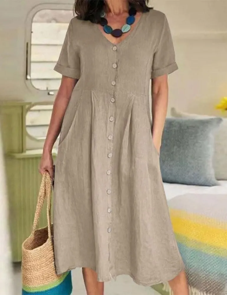 Mywinway Linen Dresses for Women Spring Summer Button Down V Neck Rolled Short Sleeve Trendy Cute Maxi Shirt Shift Dress