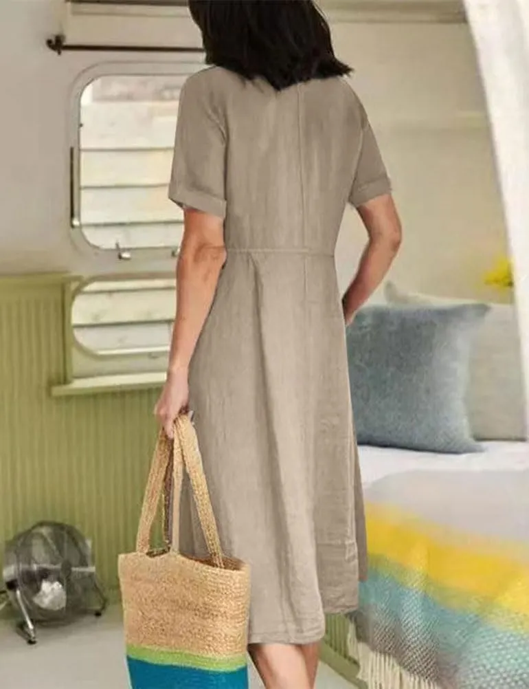 Mywinway Linen Dresses for Women Spring Summer Button Down V Neck Rolled Short Sleeve Trendy Cute Maxi Shirt Shift Dress