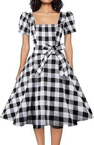 OBBUE Women's Square Neck Dress Vintage 1950s Cocktail Party Dress with Puff Sleeves