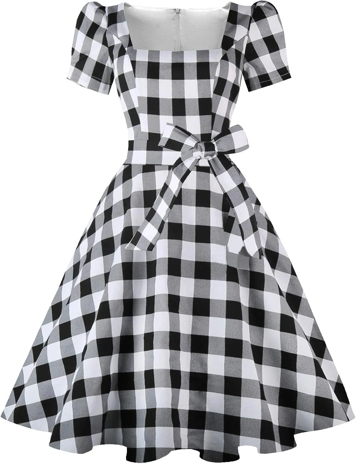 OBBUE Women's Square Neck Dress Vintage 1950s Cocktail Party Dress with Puff Sleeves