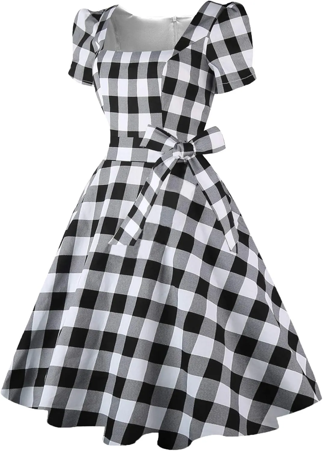 OBBUE Women's Square Neck Dress Vintage 1950s Cocktail Party Dress with Puff Sleeves