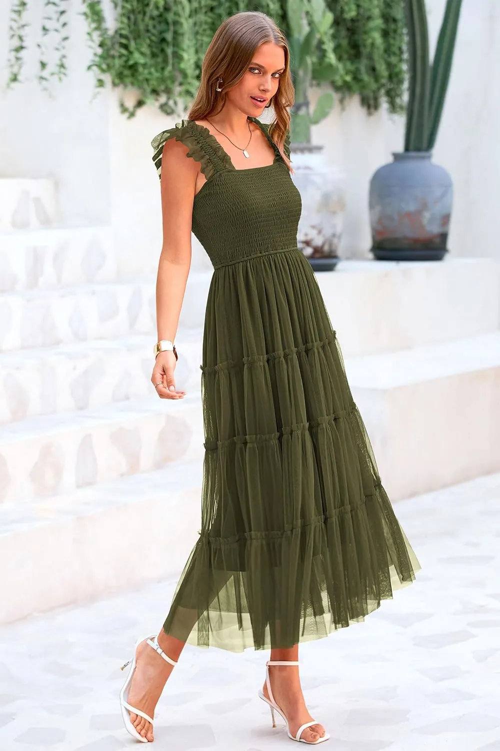 PRETTYGARDEN Women's Summer Tulle Midi Dress Sleeveless Smocked Ruffle Mesh Flowy Dresses Party Wedding Guest Sundress
