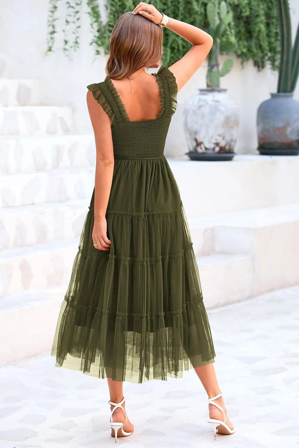 PRETTYGARDEN Women's Summer Tulle Midi Dress Sleeveless Smocked Ruffle Mesh Flowy Dresses Party Wedding Guest Sundress