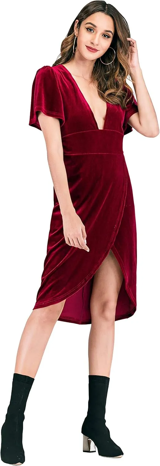 R.Vivimos Womens Velvet Elegant Deep V Neck Short Sleeve High Low Midi Dresses