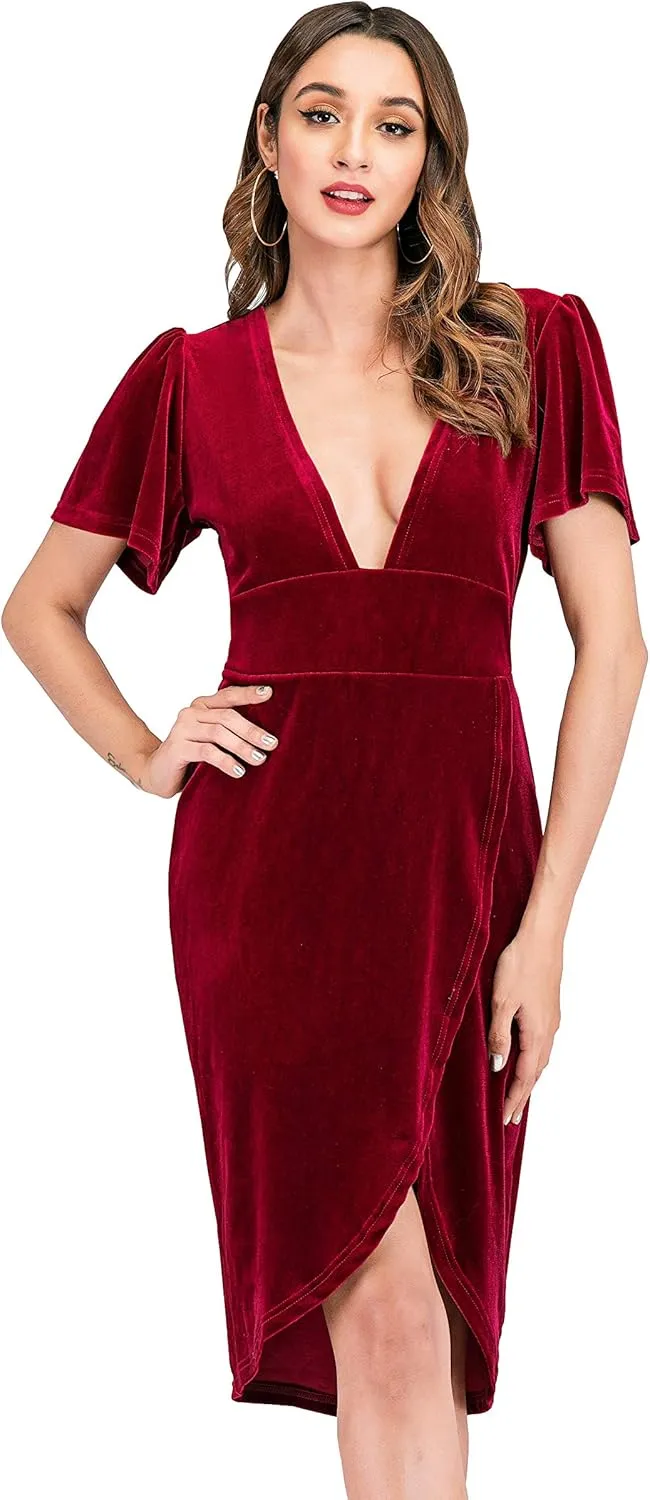 R.Vivimos Womens Velvet Elegant Deep V Neck Short Sleeve High Low Midi Dresses
