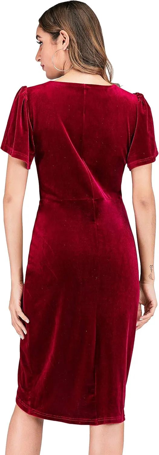R.Vivimos Womens Velvet Elegant Deep V Neck Short Sleeve High Low Midi Dresses