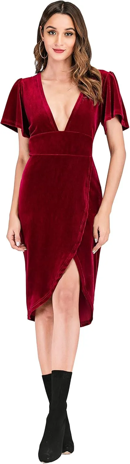 R.Vivimos Womens Velvet Elegant Deep V Neck Short Sleeve High Low Midi Dresses