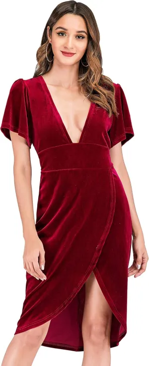R.Vivimos Womens Velvet Elegant Deep V Neck Short Sleeve High Low Midi Dresses