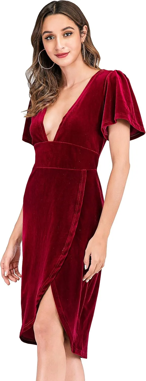 R.Vivimos Womens Velvet Elegant Deep V Neck Short Sleeve High Low Midi Dresses