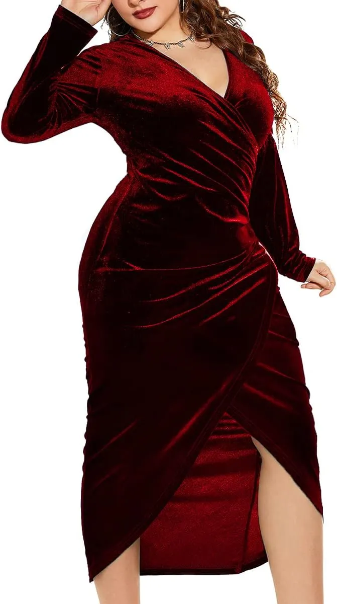 TINSTREE Womens Plus Size Long Sleeve Velvet Bodycon Dresses Sexy Ruched Wrap Deep V Neck Party Cocktail Dress