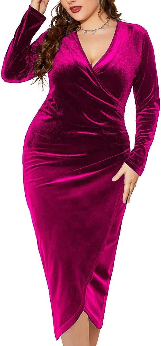 TINSTREE Womens Plus Size Long Sleeve Velvet Bodycon Dresses Sexy Ruched Wrap Deep V Neck Party Cocktail Dress