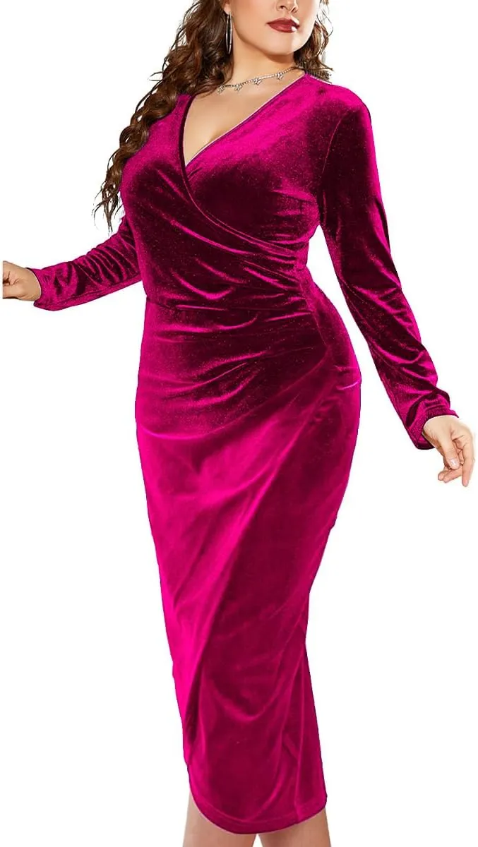 TINSTREE Womens Plus Size Long Sleeve Velvet Bodycon Dresses Sexy Ruched Wrap Deep V Neck Party Cocktail Dress