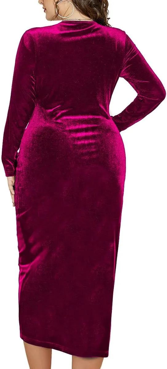 TINSTREE Womens Plus Size Long Sleeve Velvet Bodycon Dresses Sexy Ruched Wrap Deep V Neck Party Cocktail Dress