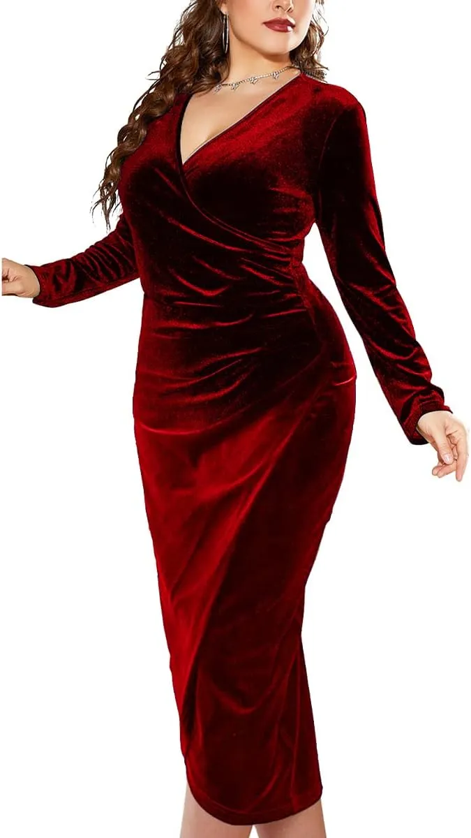 TINSTREE Womens Plus Size Long Sleeve Velvet Bodycon Dresses Sexy Ruched Wrap Deep V Neck Party Cocktail Dress