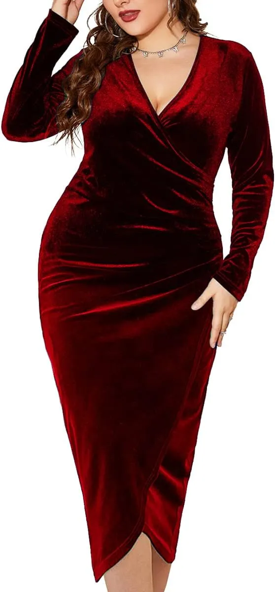 TINSTREE Womens Plus Size Long Sleeve Velvet Bodycon Dresses Sexy Ruched Wrap Deep V Neck Party Cocktail Dress