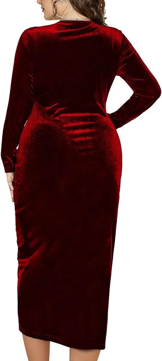 TINSTREE Womens Plus Size Long Sleeve Velvet Bodycon Dresses Sexy Ruched Wrap Deep V Neck Party Cocktail Dress