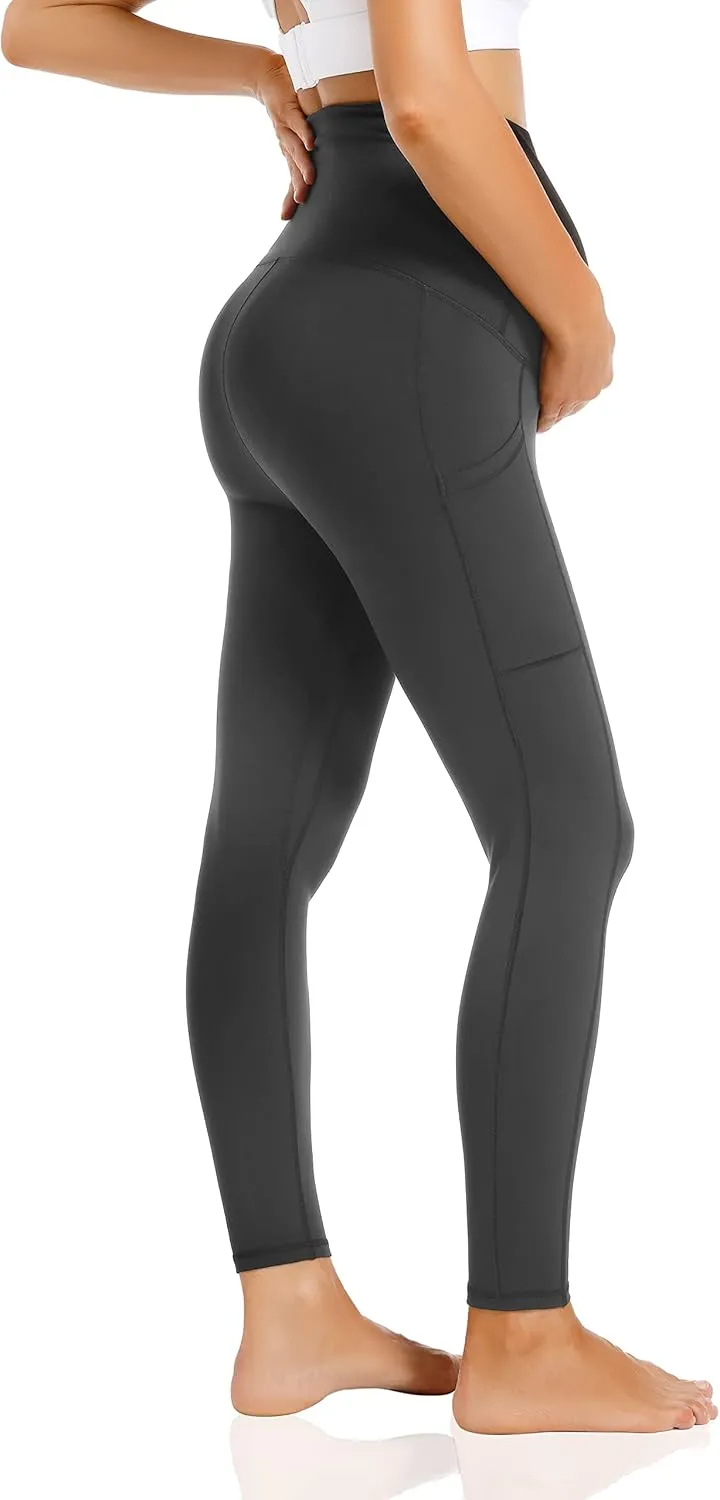 V VOCNI Maternity Fleece Lined Leggings with Pockets Over The Belly Yoga Pants Thermal Winter Workout Leggings for Women