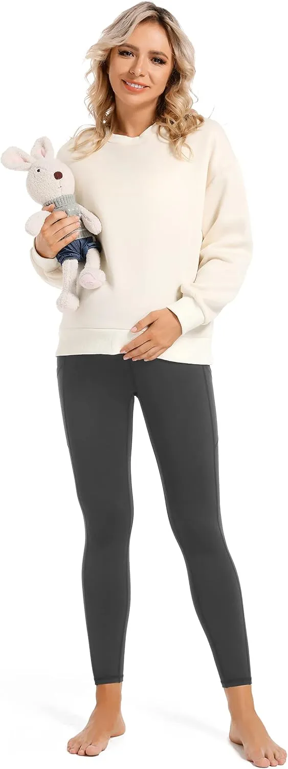 V VOCNI Maternity Fleece Lined Leggings with Pockets Over The Belly Yoga Pants Thermal Winter Workout Leggings for Women