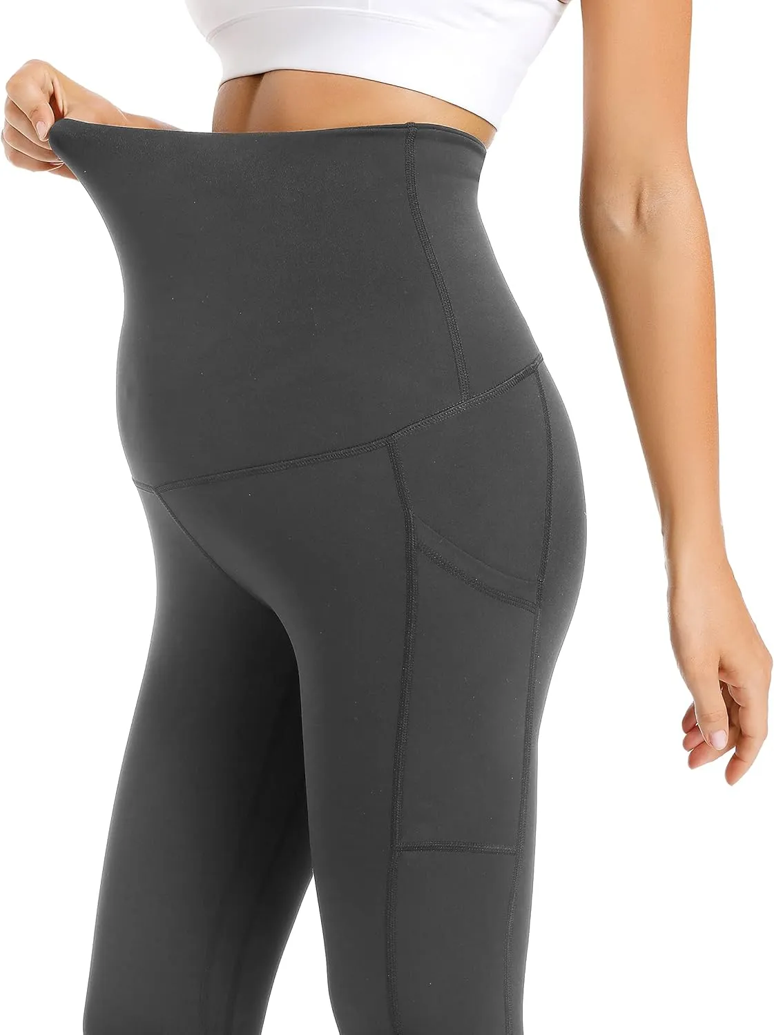 V VOCNI Maternity Fleece Lined Leggings with Pockets Over The Belly Yoga Pants Thermal Winter Workout Leggings for Women