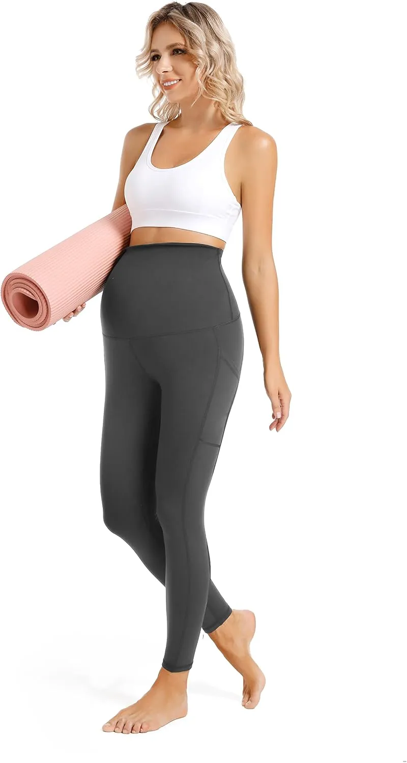 V VOCNI Maternity Fleece Lined Leggings with Pockets Over The Belly Yoga Pants Thermal Winter Workout Leggings for Women