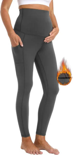 V VOCNI Maternity Fleece Lined Leggings with Pockets Over The Belly Yoga Pants Thermal Winter Workout Leggings for Women