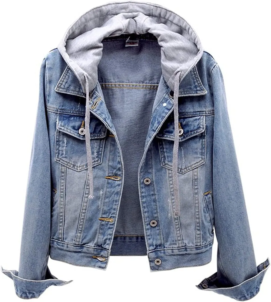 Women Denim Jacket With Hood,2021 Vintage Button Down Distressed Coat Short Jean Jacket Cute Coat With Pocket