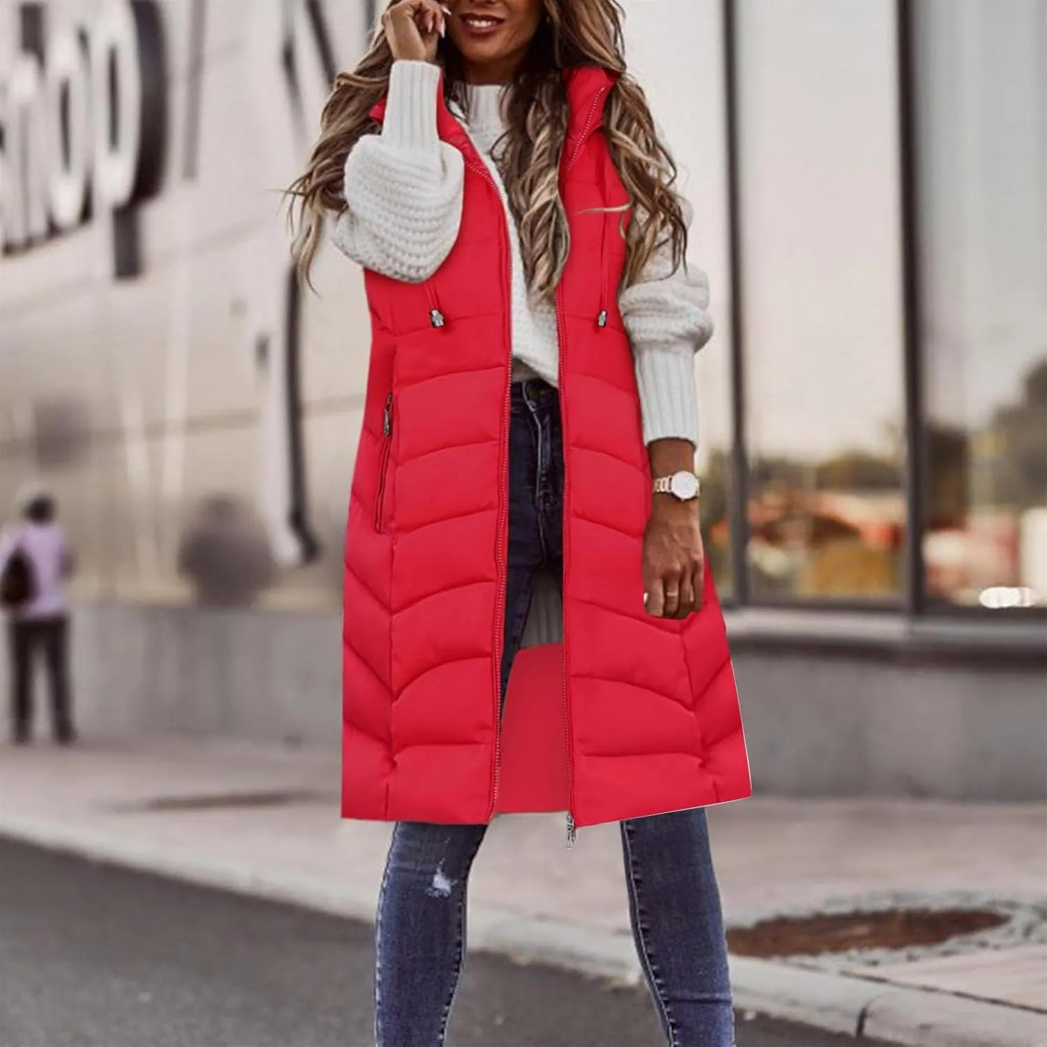 Women Lightweight Puffer Vest Packable Long Winter Coat Zip Up Quilted Jackets Hooded Sleeveless Plus Size Warm Vest