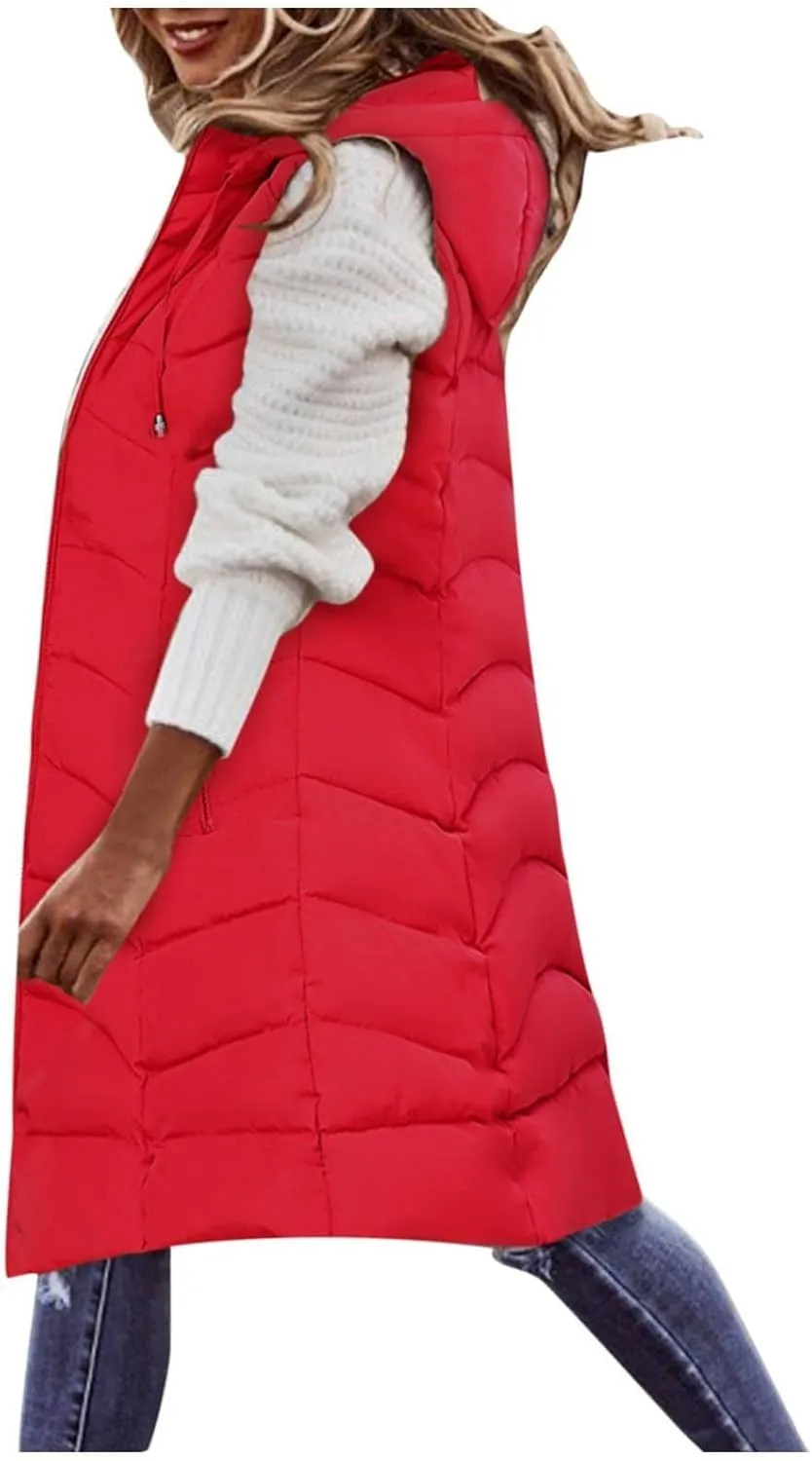 Women Lightweight Puffer Vest Packable Long Winter Coat Zip Up Quilted Jackets Hooded Sleeveless Plus Size Warm Vest