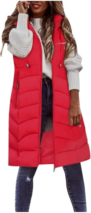 Women Lightweight Puffer Vest Packable Long Winter Coat Zip Up Quilted Jackets Hooded Sleeveless Plus Size Warm Vest